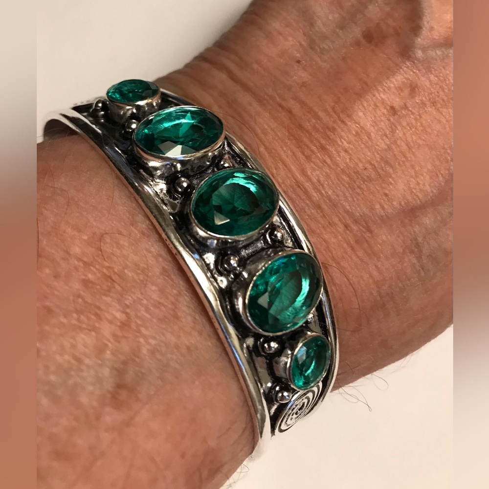 Green Tourmaline Stamped 925 Sterling Silver Cuff Bracelet